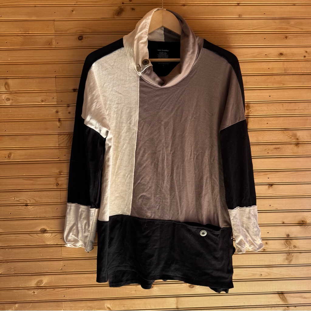 Neon Buddha Tunic Cowl Neck Colorblock Black Tan Cream Women's Size Large